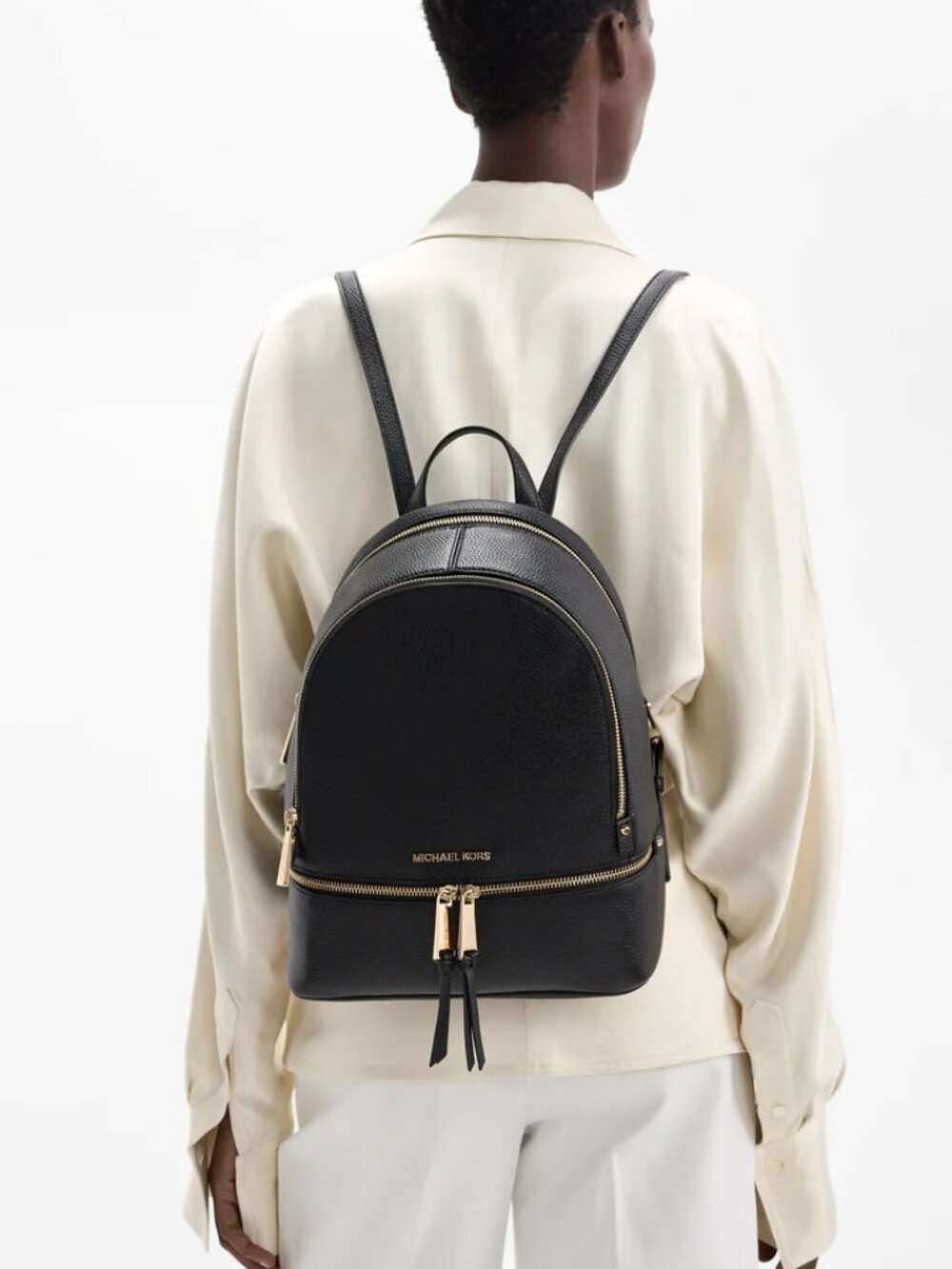 Michael Kors Black Pebbled Leather Rhea Medium Backpack GHW - Picture 2 of 13